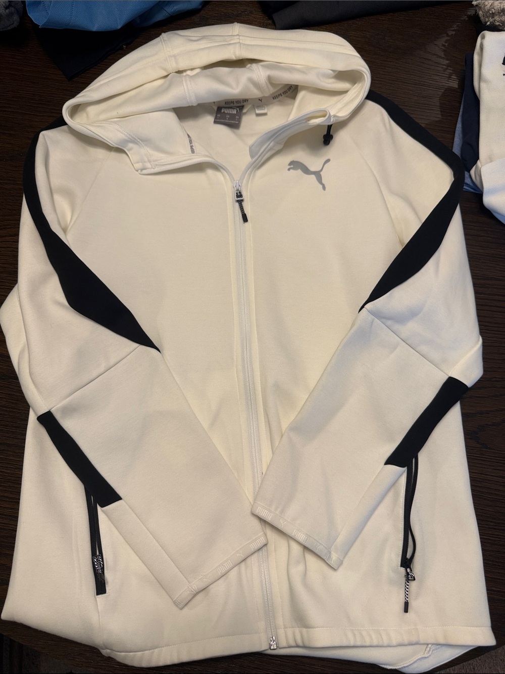 Puma Cream Zip Hoodie with Black Sleeve Stripes